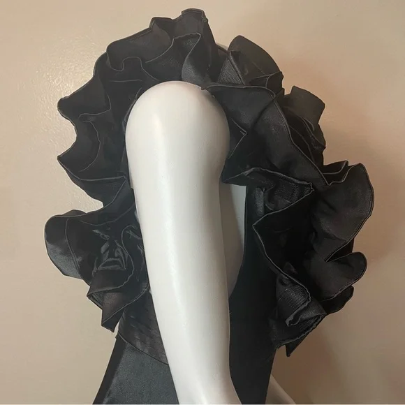 Black satin deep V-neck high low ruffle dress - Picture 7 of 13